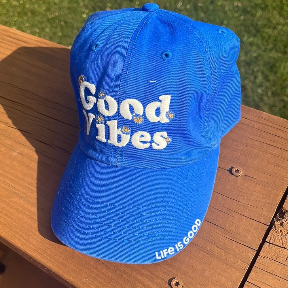 Life is Good Baseball Cap / Hat. Blue Good Vibes Daisies